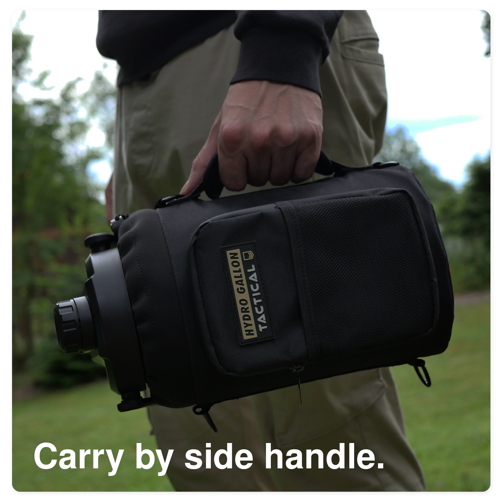 hydro gallon tactical 1 one gallon water bottle jug insulated double wall vacuum stainless steel metal growler shoulder carrying strap pocket molle sleeve military grade army wide mouth dishwasher safe side top handle rugged outdoors tough