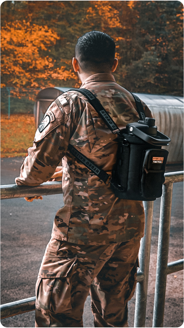 hydro gallon hydrogallon tactical us army military one 1 gallon water bottle jug stainless steel metal double wall vacuum insulated pockets shoulder strap crossbody heavy duty keeps ice