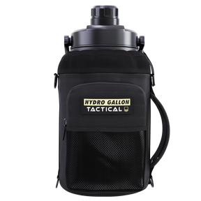 hydro gallon tactical 1 one gallon water bottle jug insulated double wall vacuum stainless steel metal growler shoulder carrying strap pocket molle sleeve military grade army wide mouth dishwasher safe side top handle rugged outdoors tough 24h cold