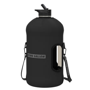 hydro gallon 1 one gallon water bottle straw lid jug with sleeve shoulder carrying strap pocket for phone keys motivational time markers 75 hard insulated neoprene bpa free leakproof side handle