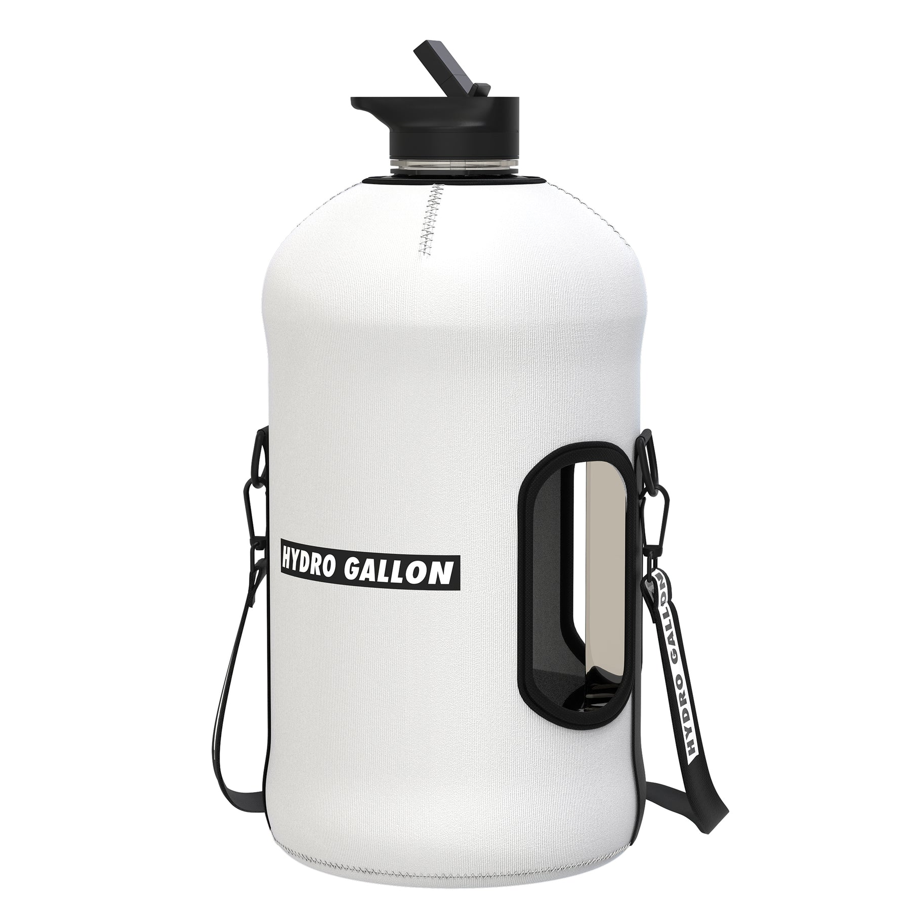 hydro gallon 1 one gallon water bottle straw lid jug with sleeve shoulder carrying strap pocket for phone keys motivational time markers 75 hard insulated neoprene bpa free leakproof side handle